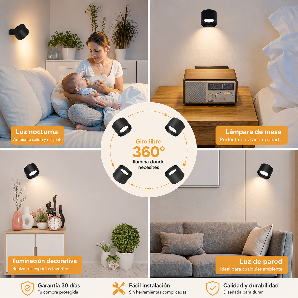 Luz Led Pared Nocturna 360 Doble Cabeza Recargable